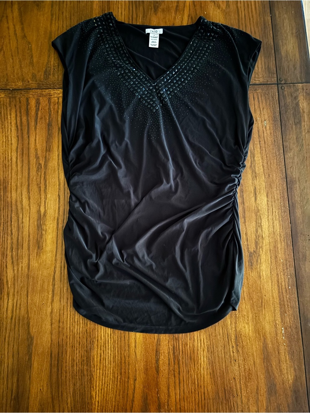 Vintage Y2K Cache XL Beaded Sleeveless Black Ruched at sides V neck Top